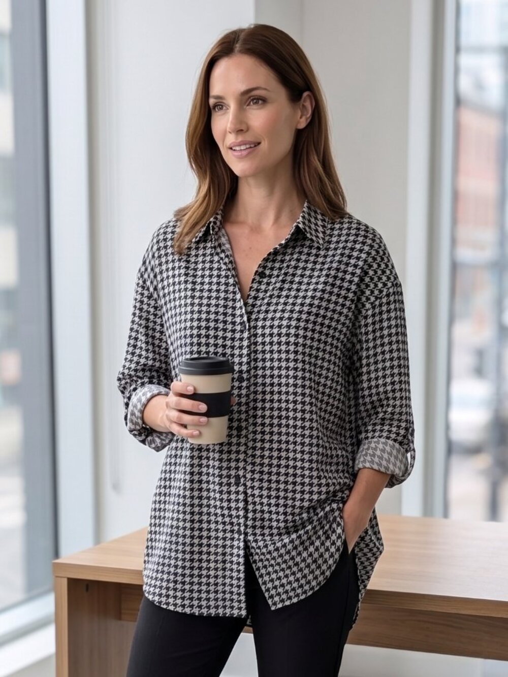 Suzy Shier Oversized Houndstooth Button-Down Shirt - Black/White - Size S